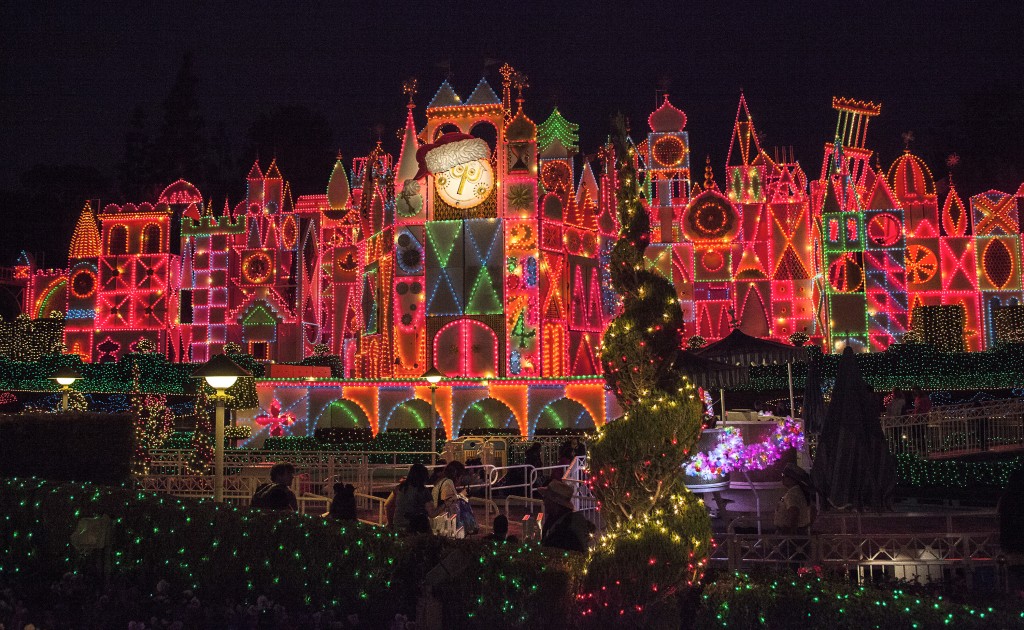 night, it's a small world, lights, Holiday, DisneyHolidays, holidays, it's a small world Holiday, clock, facade