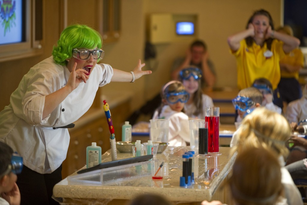 Connecting the Disney’s Oceaneer Club and the Disney’s Oceaneer Lab on Deck 5 of the Disney Dream are two Workshops. In these specialized areas, kids concoct creations in an interactive science lab, conduct crazy experiments, express their creativity through art projects, stretch their culinary skills and participate in other hands-on activities. (Kent Phillips, photographer)