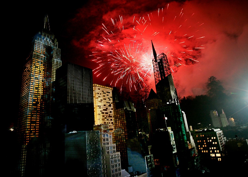 Fireworks go off behind a lego replica of New York City during a New Years celebration at Legoland California on Wednesday, December 31, 2008 in Carlsbad, Calif.(AP Photo/Sandy Huffaker)