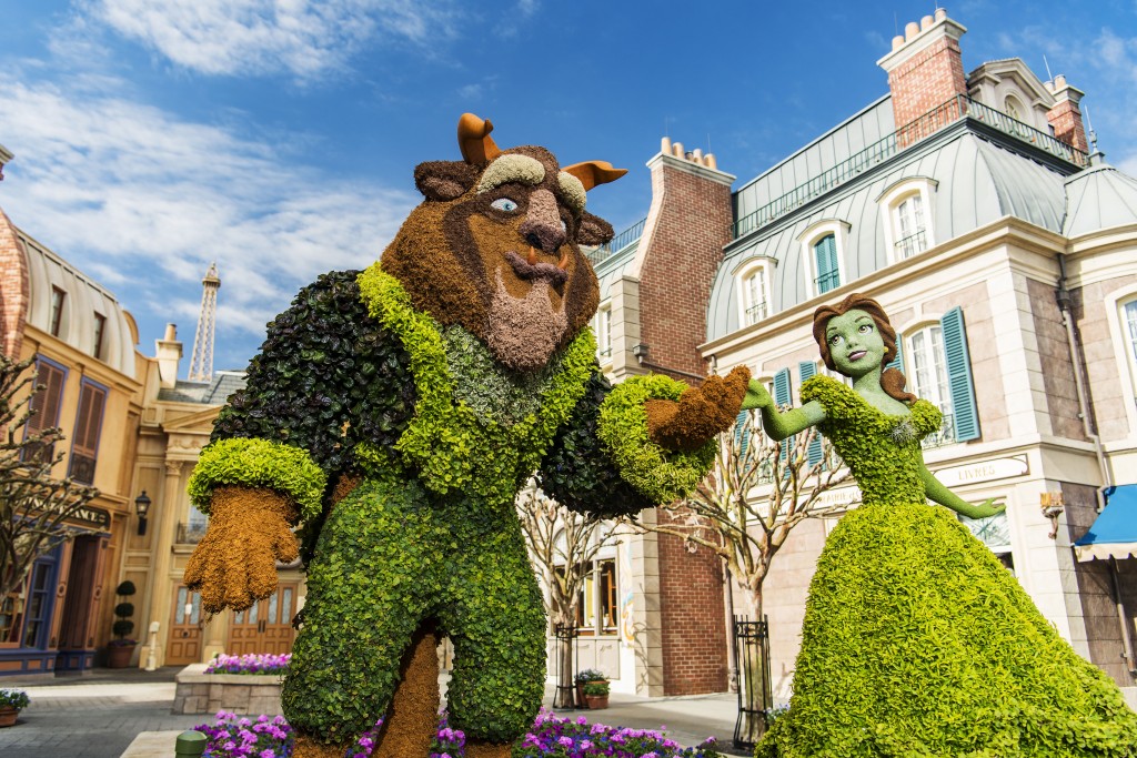 A new Belle topiary, based on the Disney animated classic, "Beauty and the Beast," graces the entrance of the France Pavilion at the 2017 Epcot International Flower & Garden Festival. Topiary artists have found new ways to use a wider variety of plant materials to represent character topiary facial features, bringing Belle's face to life. The festival, which runs 90 days March 1-May 29, 2017 at Walt Disney World Resort in Lake Buena Vista, Fla., features dozens of character topiaries, stunning floral displays, gardening seminars and the Garden Rocks concert series -- all included in regular Epcot admission. (Matt Stroshane, photographer)