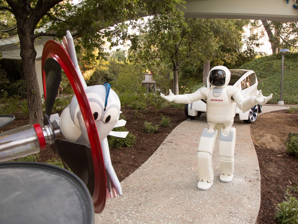 AUTOPIA ENHANCEMENTS (March 24, 2017) Ð New character additions and storytelling enhance the classic attraction Autopia at Disneyland Park in Anaheim, California. HondaÕs ASIMO humanoid robot and its robotic friend, Bird, will now join guests embarking on the ultimate road trip. The new look for Autopia recently debuted in spring 2016 with cars repainted in Honda colors, and new fuel-efficient Honda engines, badges and tires. (Scott Brinegar/Disneyland Resort)