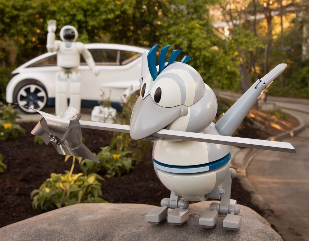 AUTOPIA ENHANCEMENTS (March 24, 2017) Ð New character additions and storytelling enhance the classic attraction Autopia at Disneyland Park in Anaheim, California. HondaÕs ASIMO humanoid robot and its robotic friend, Bird, will now join guests embarking on the ultimate road trip. The new look for Autopia recently debuted in spring 2016 with cars repainted in Honda colors, and new fuel-efficient Honda engines, badges and tires. (Scott Brinegar/Disneyland Resort)