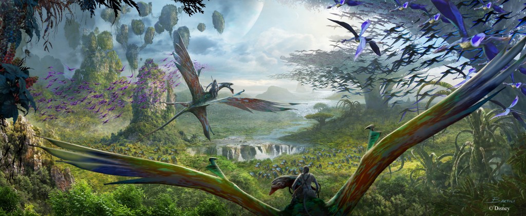 Walt Disney Imagineering in collaboration with filmmaker James Cameron and Lightstorm Entertainment is bringing to life the mythical world of Pandora, inspired by Cameron’s AVATAR, at Disney’s Animal Kingdom theme park. The awe-inspiring land of floating mountains, bioluminescent rainforests and soaring Banshees will become real for Disney guests to see, hear and touch. Scheduled to open in 2017, the AVATAR-inspired land will be part of the largest expansion in Disney’s Animal Kingdom history. (Concept art, Walt Disney Imagineering)