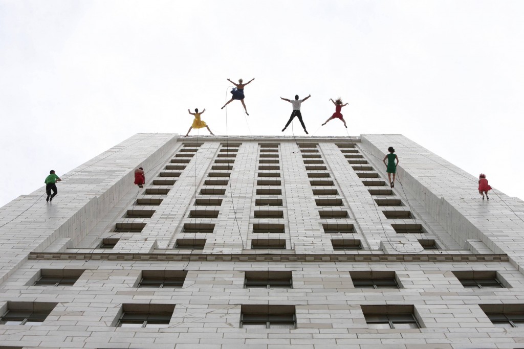 Bandaloop performs at the "La La Land Day" Celebration in Los Angeles City Hall on Tuesday, April 25, 2016, in Los Angeles. (Photo by Eric Charbonneau/Invision for Lionsgate Home Entertainment/AP Images)