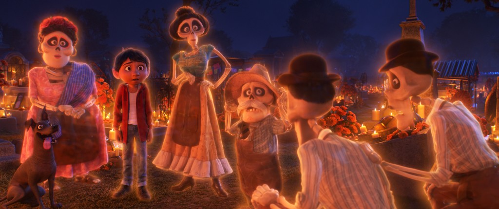 FAMILY REUNION – In Disney•Pixar’s “Coco,” aspiring musician Miguel (voice of Anthony Gonzalez) makes an impulsive choice that sets off a series of events that ultimately lands him in the Land of the Dead where he’s able to interact with his late family members, including Tía Rosita (voice of Selene Luna), Tía Victoria, Papá Julio (voice of Alfonso Arau), and Tío Oscar and Tío Felipe (both voiced by Herbert Siguenza). Disney•Pixar’s “Coco” opens in U.S. theaters on Nov. 22, 2017. ©2017 Disney•Pixar. All Rights Reserved.