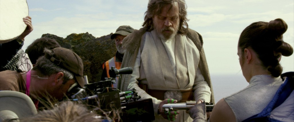 Star Wars: The Last Jedi..L to R: Mark Hamill (Luke Skywalker) with Daisy Ridley (Rey) on set of Skellig Island (Ach-to)..Photo: Lucasfilm Ltd...©2017 Lucasfilm Ltd. All Rights Reserved