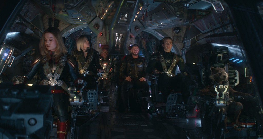 Marvel Studios' AVENGERS: ENDGAME..L to R: Captain Marvel/Carol Danvers (Brie Larson), Black Widow/Natasha Romanoff (Scarlett Johansson), War Machine/James Rhodey (Don Cheadle), Thor (Chris Hemsworth), Captain America/Steve Rogers (Chris Evans) and Rocket (voiced by Bradley Cooper)..Photo: Film Frame..©Marvel Studios 2019